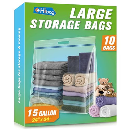 HIBAG 15 Gallon Large Storage Bags, 24” x 24” Resealable Clear Bags with Handle, Extra Large XL Heavy Duty for Clothes Pillow Travel Moving, Pack of 10 - size: 15 gal - 10 pack