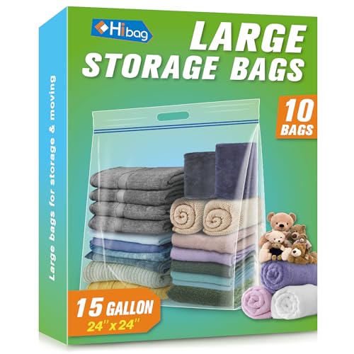 HIBAG 15 Gallon Large Storage Bags, 24” x 24” Resealable Clear Bags with Handle, Extra Large XL Heavy Duty for Clothes Pillow Travel Moving, Pack of 10 - size: 15 gal - 10 pack