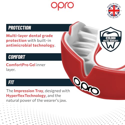 OPRO Instant Custom-Fit Mouthguard – Dentist Level Gum Shield Adult and Kids – OPRO Mouth Guard Boxing and MMA, Self-Fit Gum Shield Rugby – Maximum Protection with Dental Warranty (Red/White) - color: Red/White, size: Youth (Under 10)