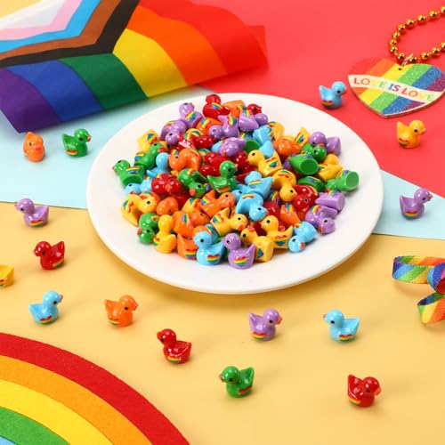 100 Pcs Mini Pride Ducks, Rainbow Resin Duck Figurines Tiny Animals Miniature for Pride Month Decorations DIY Party Favors Stocking Stuffers Aquarium Dollhouse Accessories