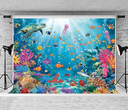 Underwater Backdrop Aquarium Ocean Corals Tropical Fish Photography Background Ocean Theme Party Decorations for Kid Boy's Birthday Cake Table Photo Booth Props (7x5FT) - size: 7x5FT
