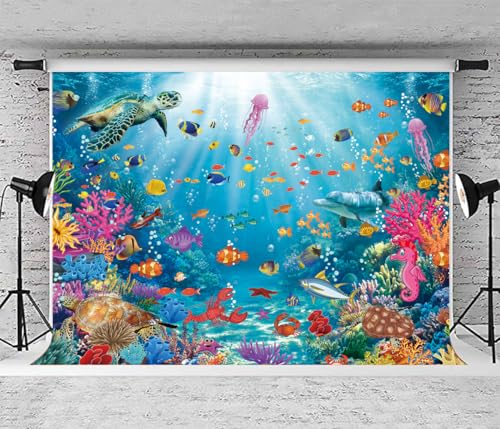 Underwater Backdrop Aquarium Ocean Corals Tropical Fish Photography Background Ocean Theme Party Decorations for Kid Boy's Birthday Cake Table Photo Booth Props (8x6FT) - size: 8x6FT