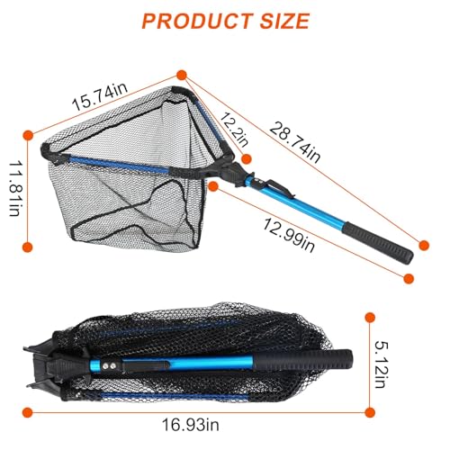 Foldable Fishing Net with Aluminum Alloy Rod EVA Handle Durable 5MM Hexagonal Nano Coating Nylon Mesh Collapsible Landing Net Safe Fish Catching or Releasing