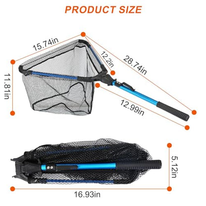 Foldable Fishing Net with Aluminum Alloy Rod EVA Handle Durable 5MM Hexagonal Nano Coating Nylon Mesh Collapsible Landing Net Safe Fish Catching or Releasing