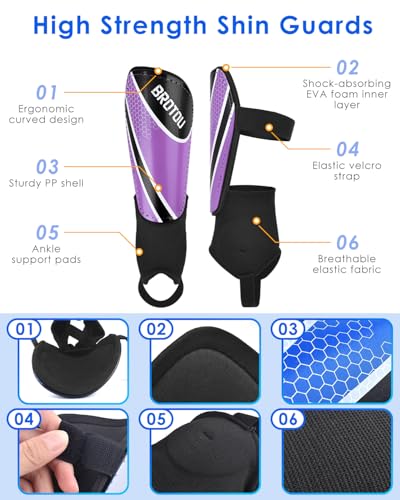 BROTOU Shin Guards Soccer Youth, Soccer Shin Guards for Kids 3-15 | Light Weight Adjustable Straps Shin Pads Protection Equipment with Ankle and Leg Calf Protection - color: Purple, size: Medium