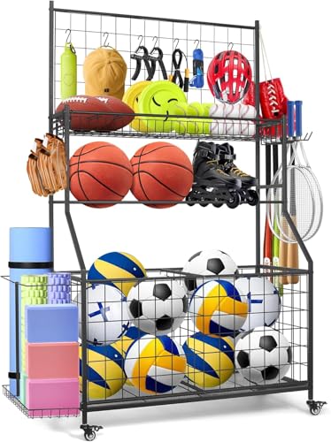 Sports Equipment Organizer,Garage Ball Storage Rack with Basketball Rack with Hooks and Rolling Wheels Cart (BLACK)