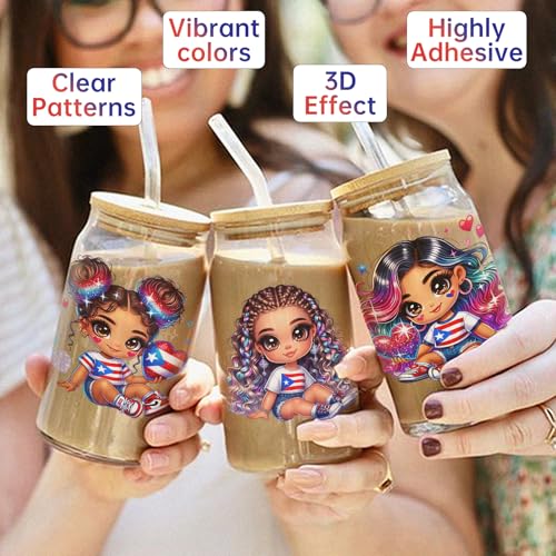 UV DTF Cup Wrap Transfer Stickers Rub On Transfers 4 Sheets Puerto Rico Gril Tumblers Water Bottles Mugs Glasses Cups