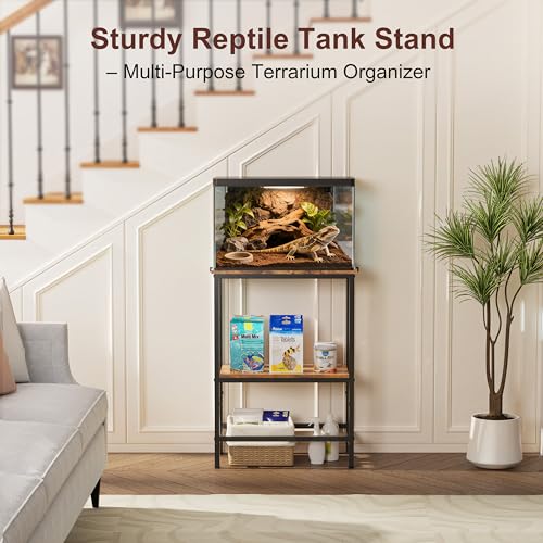 5-10 Gallon Fish Tank Stand, Aquarium Stand with 2-Tier Storage Shelves, Heavy-Duty Reptile Terrarium Stand Table with One-Piece Top for 10 Gallon Standard Model, 21.2" L x 11.8" W x 29.3" H (Brown)