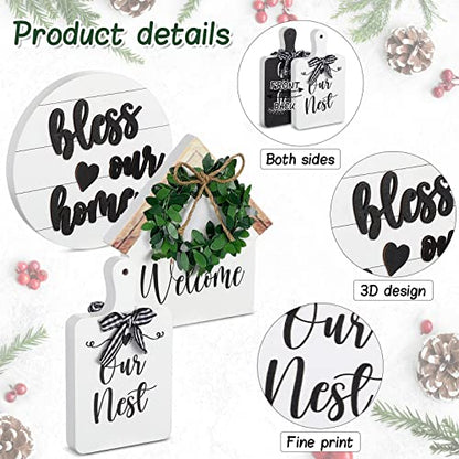 4 Pieces Farmhouse Tiered Tray Decor Set Including House Farmhouse Sign Wooden Small Items Plaid Wood Bead Garland for Home Decor(Simple Style)