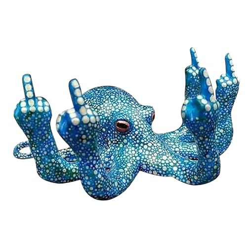 Funny Resin Octopus Statue, Fish Tank Decor, Angry Octopus with Luminous Gesture, for Indoor Aquarium Ornaments Decoration (Blue) - color: Blue
