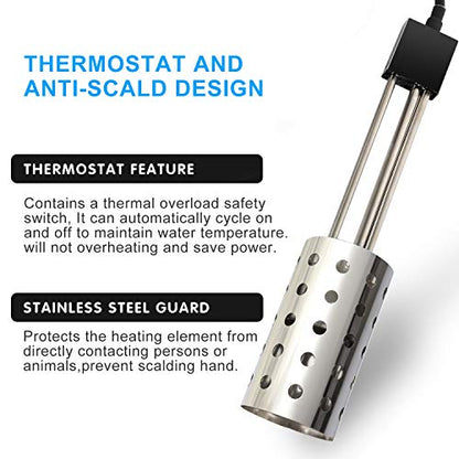 1000W Electric Immersion Heater, Bucket Water Heater with 304 Stainless-Steel Guard, Submersible Bucket Heater with Thermostat and Auto Shutoff, Heats 5 Gallons Water in Minutes