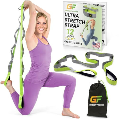 Stretching Strap for Physical Therapy, 12 Multi-Loop Stretch Strap 1.5" W x 8' L, Neoprene Handles, Physical Therapy Equipment, Yoga Straps for Stretching, Leg Stretcher. - color: Green/Grey