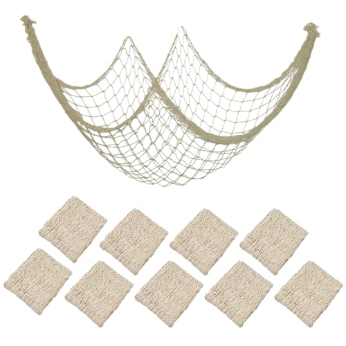 10 Pieces Natural Fish Net Ocean Themed Wall Hangings Party Decor Decoration Fish Net Decorative Party Supplies Natural Cotton Fishnet Accessory for Sea Party (Beige)