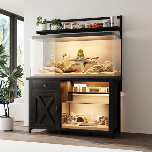 Reptile Tank Stand with Power Outlet, Terrarium Stand with Storage Cabinet, 49" X 20" Tabletop, Aquarium Stand with LED Lights, Reptile Terrarium,Turtle Tank (Oak) - color: Oak