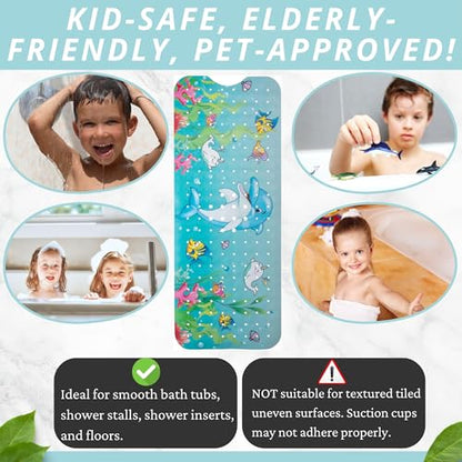 Bath Mat Long 40x16 – Non-Slip Bathtub Mat with Secure Suction Cups & Drain Holes with Fun Dolphin Design - Bathroom Shower Mat for Tub for Kids and Toddlers (Bath Dolphin) - color: Dolphin Print