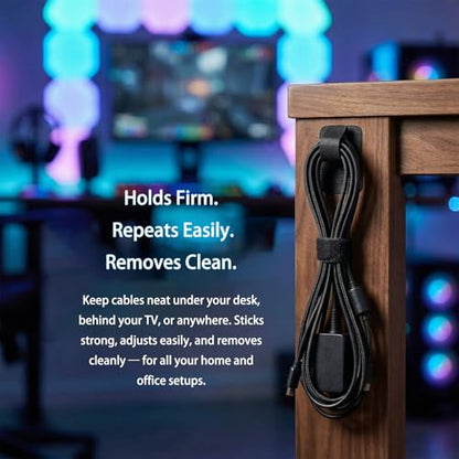 Under Desk Cable Management Ties, 15 Pack | Adjustable Hook and Loop Cord Organizer, Low Profile Wire Hider System