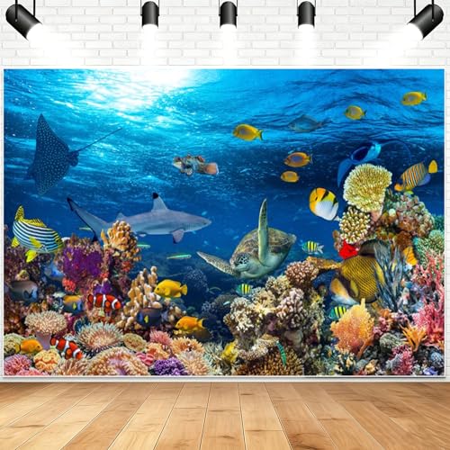 Yeele 10x7ft Deep Sea Animal Backdrop Underwater Ocean Animals Tropical Fishes Turtle Coral Reef Background Under The Sea Mermaid Birthday Party Decor Aquarium Photo Background