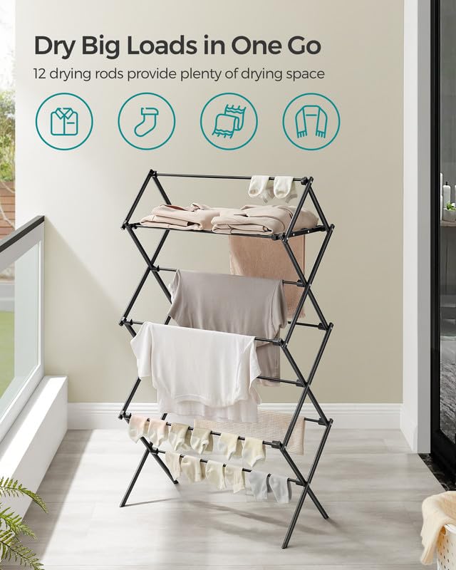 SONGMICS Foldable Clothes Drying Rack, 29.5 x 14.6 x 53.1 Inches - color: Black, size: 29.5" W
