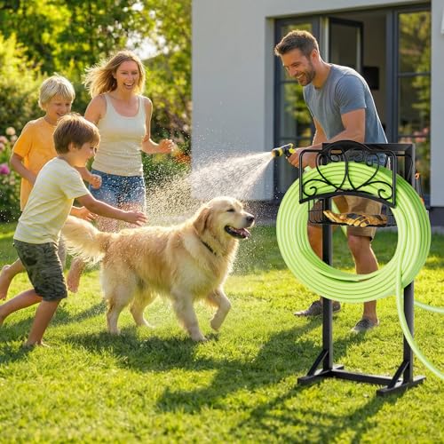 Stable Garden Hose Holder with Storage Basket and Tool Hooks, Heavy-Duty Garden Hose Storage Metal Hose Hanger Holds 160Ft, Rustproof Freestanding Water Hose Holder for Outside,Yard,Lawn,Farm - color: Black