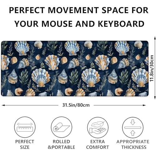 Seashell Print Gaming Mouse Pad, Blue and Gold Seashells Large Desk Mat for Computer, Extended Keyboard Laptop Mouse Pads 31.5×11.8in, Non Slip Rubber Mousepad for Office Decor Gifts