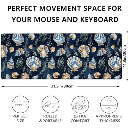 Seashell Print Gaming Mouse Pad, Blue and Gold Seashells Large Desk Mat for Computer, Extended Keyboard Laptop Mouse Pads 31.5×11.8in, Non Slip Rubber Mousepad for Office Decor Gifts