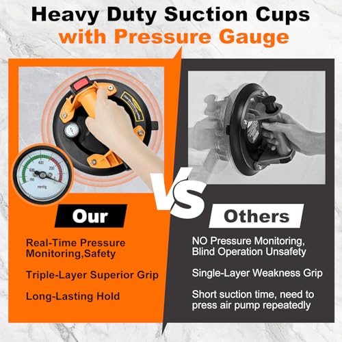 Suction Cups for Glass & Tile, 8" Heavy Duty Suction Cup with Pump/Gauge, 3-Layer Design Holds 880 lbs Vacuum Lifter for Large Granite, Metal, Windows, Countertop Installation