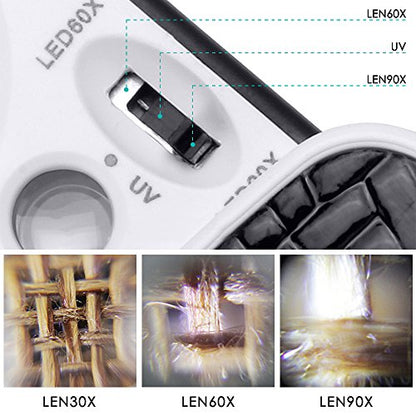Jewelry Loupe Magnifier with UV LED Light, AFUNTA 30X 60X 90X Slide Out Pocket Magnifying Glass for Jewelry Diamonds Gems Coins Stamps Rocks Watches Hobbies Antiques Models Photos -Black