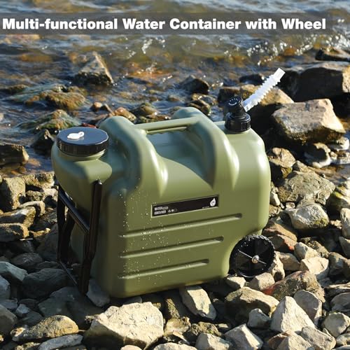 REDCAMP 7.4 Gal Water Container with Wheels & Spigot | Portable Rolling Emergency Camping Water Jug with Folding Handle | BPA Free Food Grade Water Storage Tank for Camping, Hiking(28L, Green)