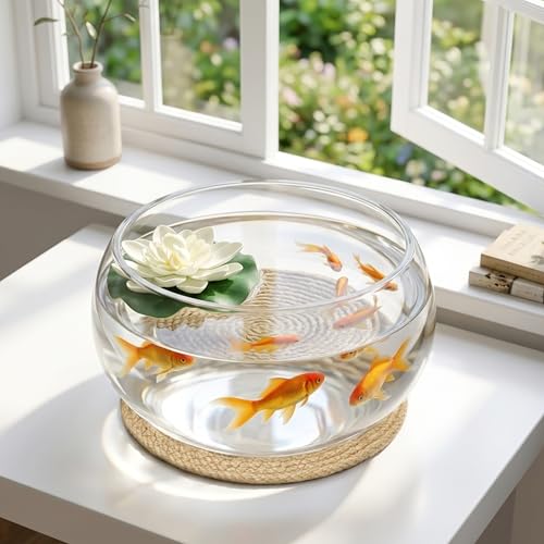 10'' Lotus Bowl Planter - Large Clear Glass Lily Flower Hydroponic Fish Tank with Braided Mat, Indoor Succulent Aquatic Plant Bonsai Terrarium Table Centerpiece Pot, No Drainage Hole Floral Round Vase