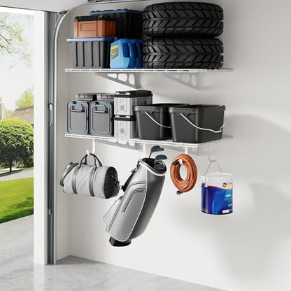 FLEXIMOUNTS 2-Pack 2x4ft Garage Shelving with Hooks, 600lbs Load, White - color: White, size: 2 pack-2x4 ft w/hooks