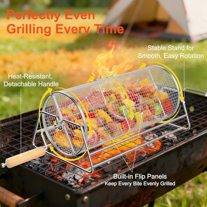 Rotatable Rolling Grill Baskets, 304 Stainless Steel, Even Cooking Nesting Grilling Net, BBQ Accessories Tools for Vegetables Shrimp, Outdoor Camping, Gifts for Birthday/Men/Dad/Husband