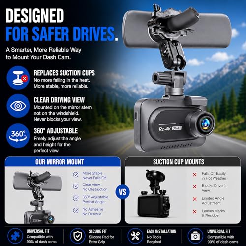 Universal Dash Cam Mount for Rove R2-4K, R2-4K Pro, R2-4K Dual, Redtiger Dash Cam - Suction Cup Replacement – Stable Rearview Mirror Holder Bracket Kit