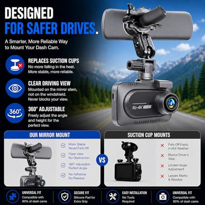 Universal Dash Cam Mount for Rove R2-4K, R2-4K Pro, R2-4K Dual, Redtiger Dash Cam - Suction Cup Replacement – Stable Rearview Mirror Holder Bracket Kit