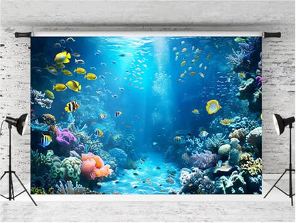 6x4ft Under The Sea Backdrop Underwater World Tropical Fish Photography Background Ocean Aquarium Corals Sunlight Banner Decorations Undersea Party Photo Booth Props - size: 6x4ft
