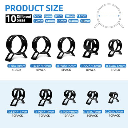 80pcs Vacuum Hose Clamps Assortment Kit - Spring Hose Clamps for 6mm To 18mm Silicone Pipes - Low Pressure Air Clip Set (Black)