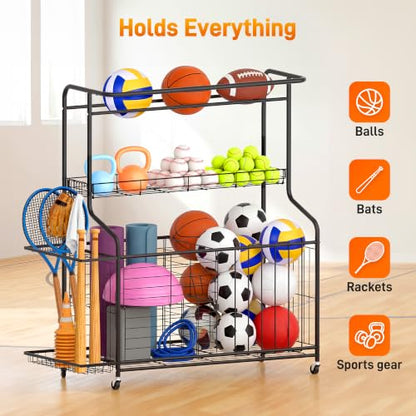 Sports Equipment Organizer Heavy Duty Rolling Garage Storage Rack