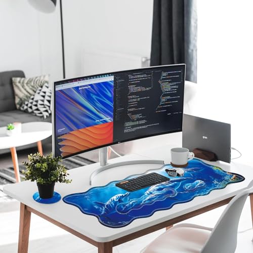 Large Gaming Mouse Pad, Keyboard Wrist Rest Pad & Wrist Support Mousepad Set, Stitched Edge, Extended, Non-Slip Base, Memory Foam Desk Mat for Office, Home,Dolphins Swimming in the Ocean - color: Dolphins Swimming in the Ocean