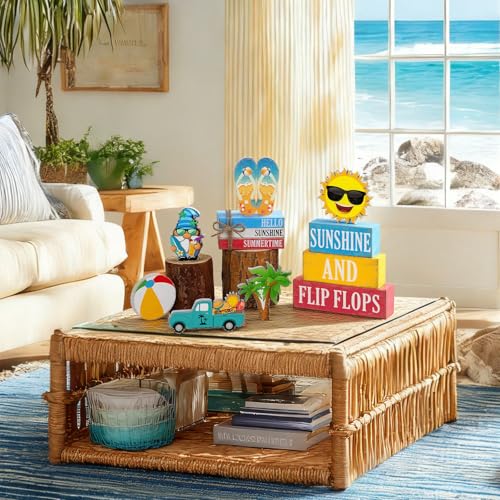 11 Pcs Summer Decorations Set Sunshine Tiered Tray Decor Hello Sweet Summer Wooden Blocks Flip Flops Coconut Tree Centerpiece for Home Office Decorations - style: Hawaiian