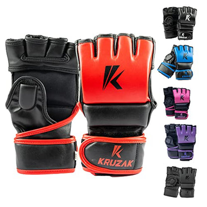 Kruzak MMA Gloves, Half-Finger Boxing Mitts with Hand Wraps - color: Red, size: Small-Medium