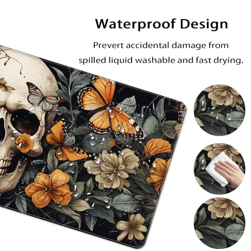 35.4 x 15.7 in, XXL Large Mouse Pad for Desk, Extended Keyboard Mouse Mat for Computer Office, Big Mouse pad with Stitched Edges, Gaming Pc-Skull Butterfly Flowers - color: Skull Butterfly Flowers