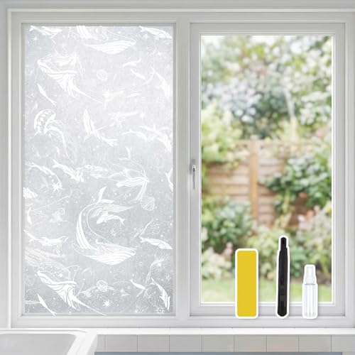 2026 New Whale and Fish Pattern Frosted Privacy Window Film with Sparkle Effect – Decorative UV Blocking Window Covering Static Cling, Removable for Bathroom Home Office - color: Whale and Fish