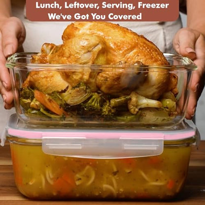 Razab 4 PC 1860ml / 63 Oz / 8 Cups Large Glass Food Storage Containers with Lids - Glass Meal Prep Containers for Roasting & Storing Leftover, Lunch Container with Lids, Microwave & Oven Safe - color: Pink