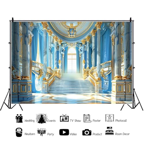 Fabric Blue Palace Backdrop Luxury Golden Hall Castle Interior Staircase Masquerade Party Scene Wedding Bridal Shower Background Photo Booth Studio Props 5x4ft - color: XH002, size: 5Wx4H FT