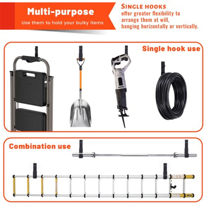 4 Inch Garage Hooks Heavy Duty, Utility Wall Mount Ladder Hooks | Ladder Hangers 8 Pack, Steel Wall Hooks for Hanging Shed Tools, Ropes, Garden Hoses, Shovels | 88 Lbs Storage Organization - size: 8 Pack (4 inch)