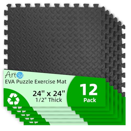 Art3d 12-Pack 24"x24" EVA Interlocking Exercise Mats,48 Sq.Ft,Black - color: Black, size: 48 Sq Ft