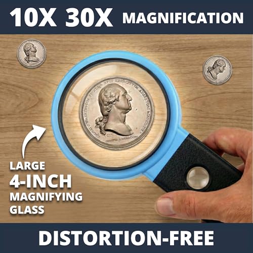VisionAid 30X 10X Hands-Free Magnifying Glass with Stand, LED Lights, Loupe Handheld Illuminated Magnifier for Low Vision Seniors Reading - size: 4 inches