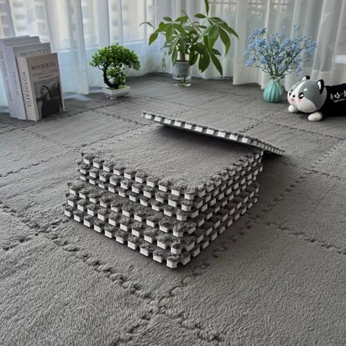 Interlocking Carpet Shaggy Soft EVA Foam Mats Fluffy Square Thickened Plush Tiles Protective Floor Tiles Exercise Play Mat for Children Kids Room Home Parlor Bedroom (Grey, 12 Pcs) - color: Grey