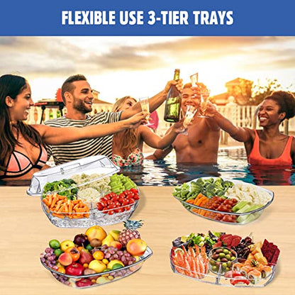 Chilled Veggie Tray, 15 Inch Clear Party Platter with 4 Compartments, Ice Serving Bowl with Lid, Cold Food Buffet Server for Fruit, Vegetable, Appetizer, Shrimp - size: 15 Inch（Chilled Veggie Tray）