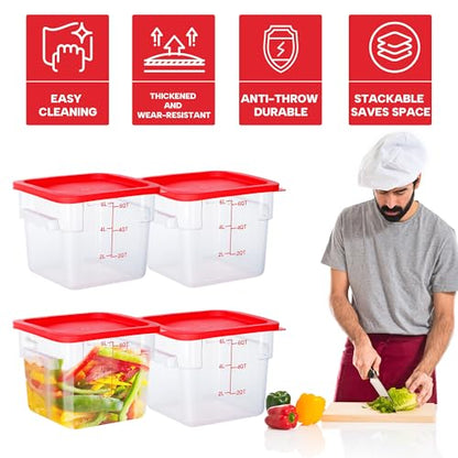 4 Pack Food Storage Containers, 6 Quart with Lids, Square Commercial Containers with Scale, NSF, Polycarbonate, Clear