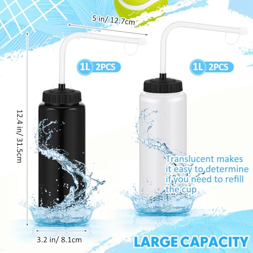 Domensi 4 Pack 32 oz Hockey Sports Water Bottle with Long Straw Easy Squeeze Plastic Bottle Helmet Friendly for Sport Hockey Football Lacrosse(Black/translucent,Classic) - color: Black/translucent